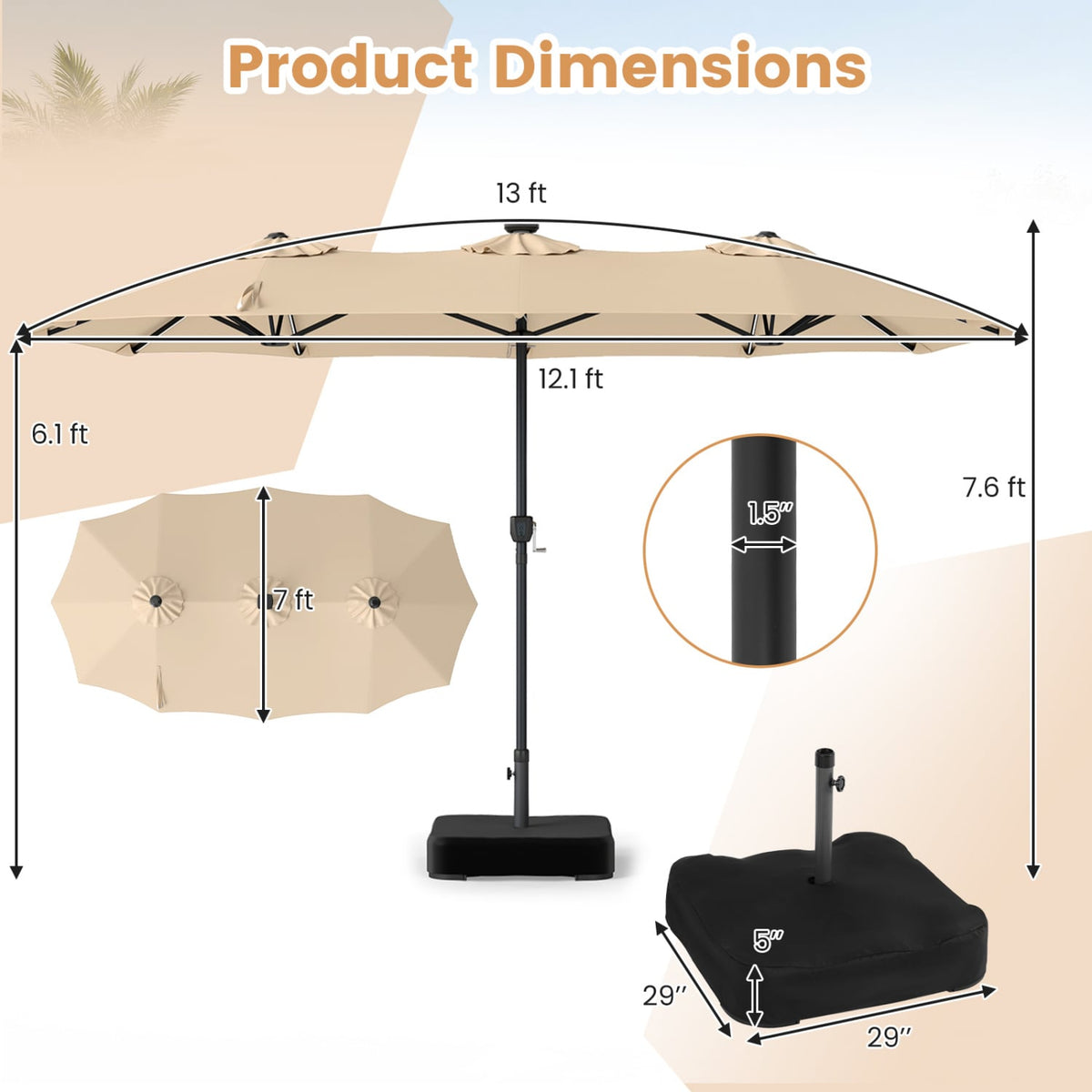 13 FT Double-Sided Patio Umbrella with 108 LED Lights and Base Included-Beige view 5