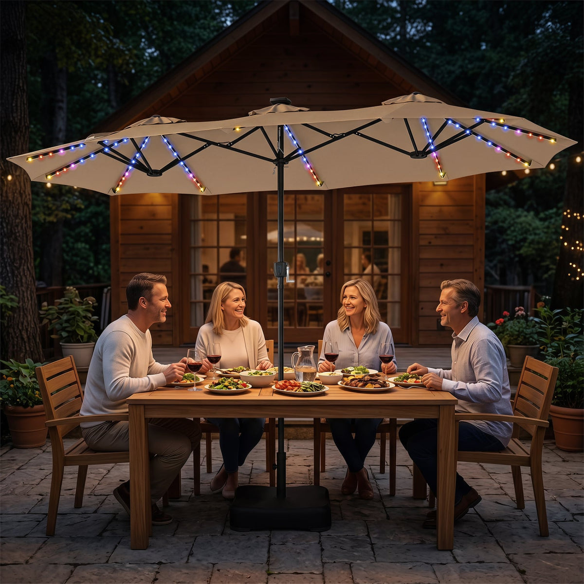 13 FT Double-Sided Patio Umbrella with 108 LED Lights and Base Included-Tan view 2