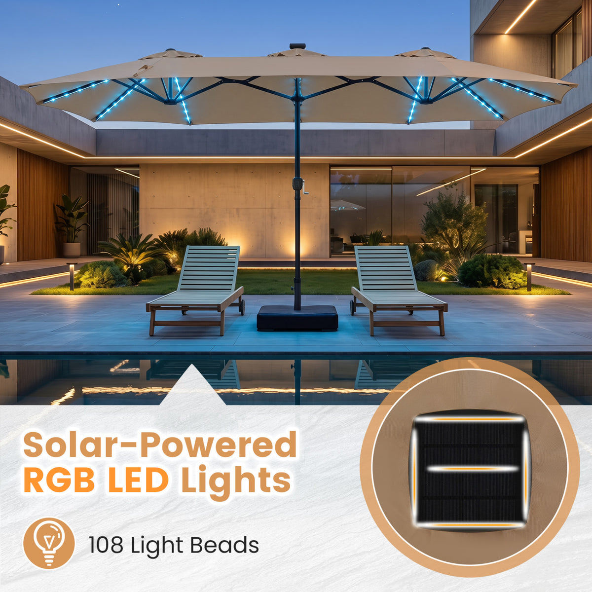 13 FT Double-Sided Patio Umbrella with 108 LED Lights and Base Included-Tan view 6