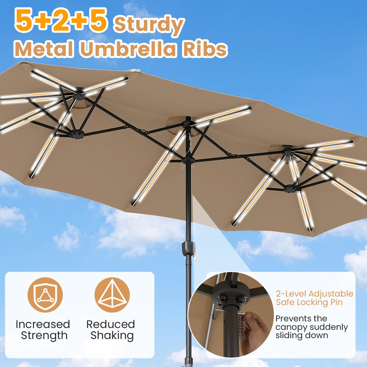 13 FT Double-Sided Patio Umbrella with 108 LED Lights and Base Included-Tan view 8