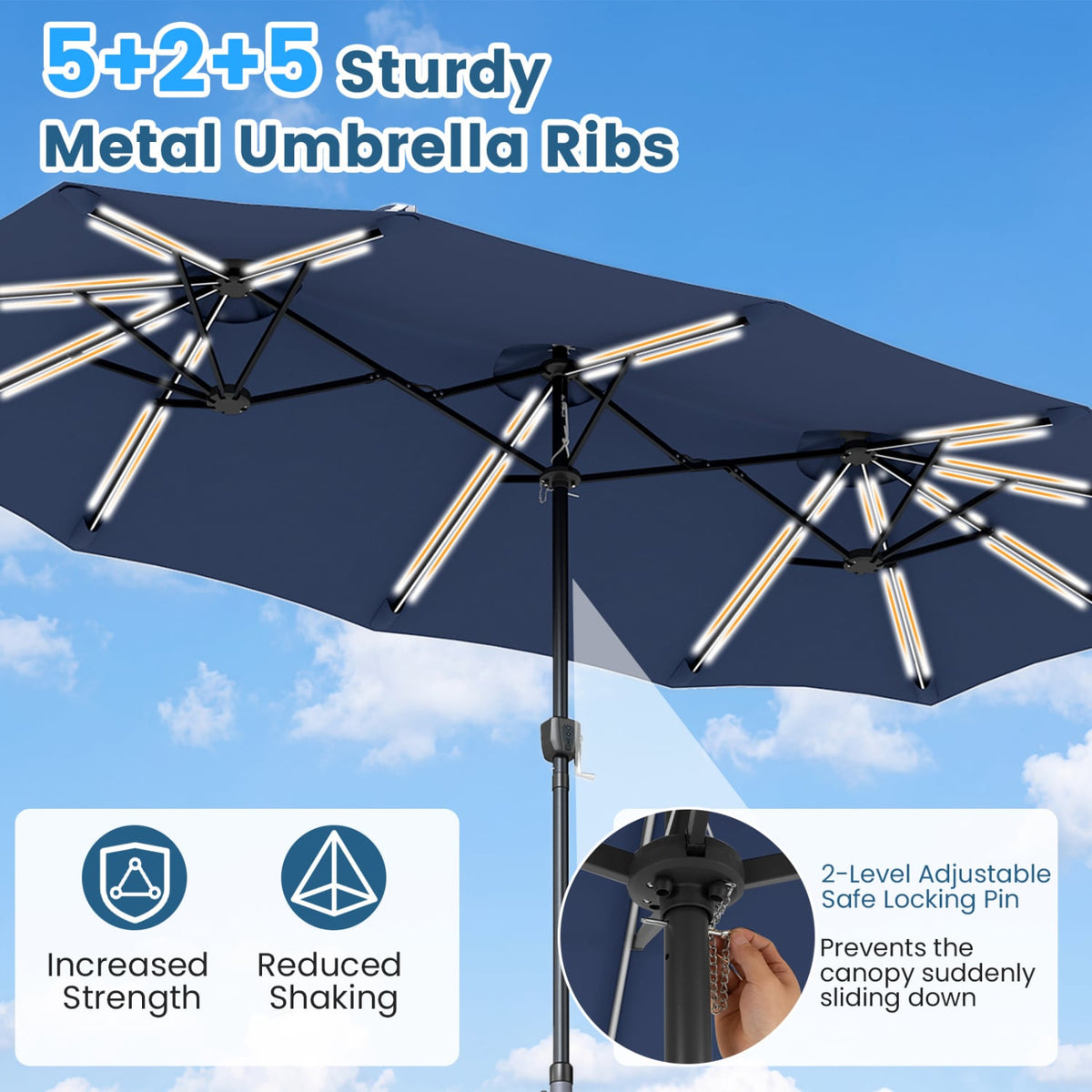 13 FT Double-Sided Patio Umbrella with 108 LED Lights and Base Included-Navy view 8