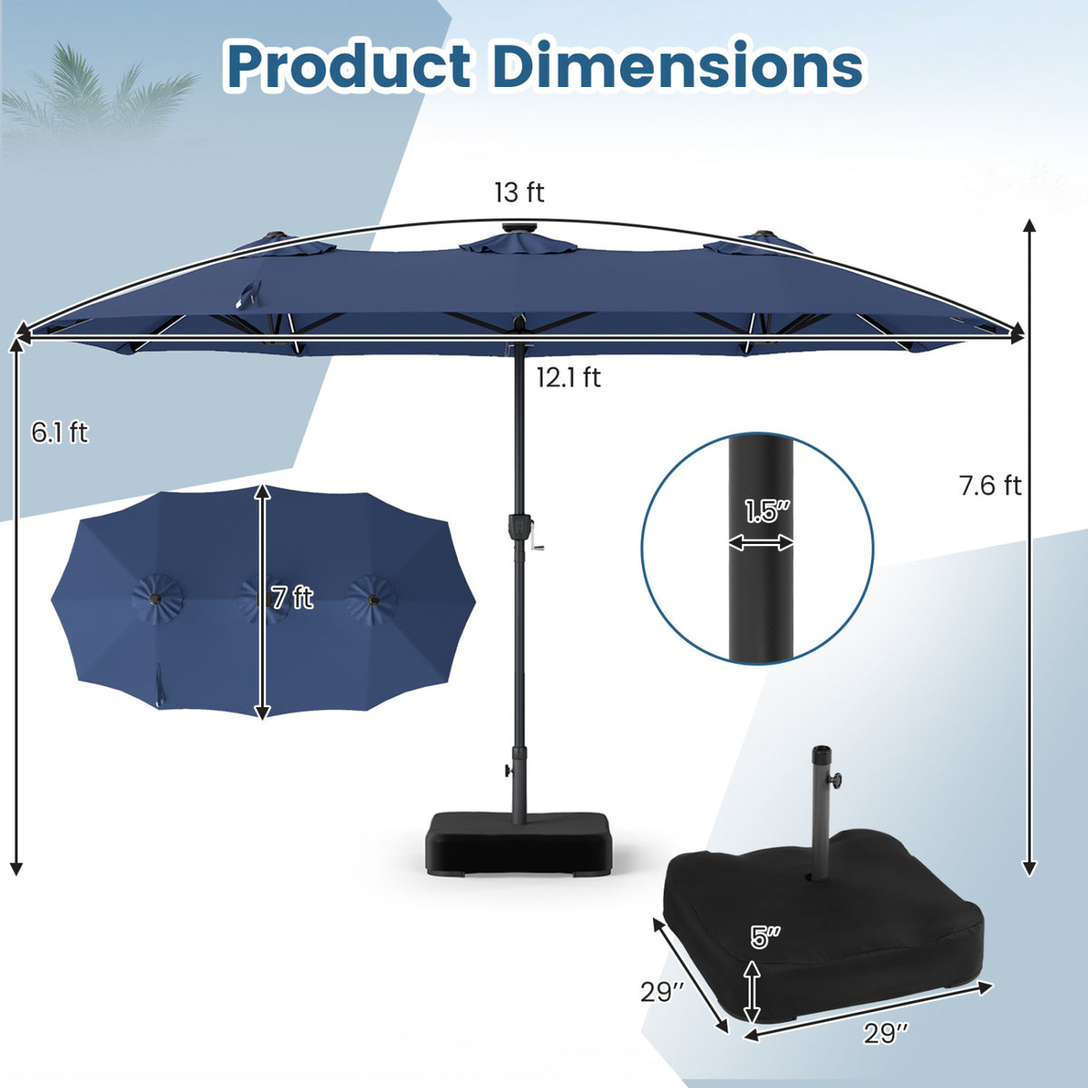 13 FT Double-Sided Patio Umbrella with 108 LED Lights and Base Included-Navy view 5