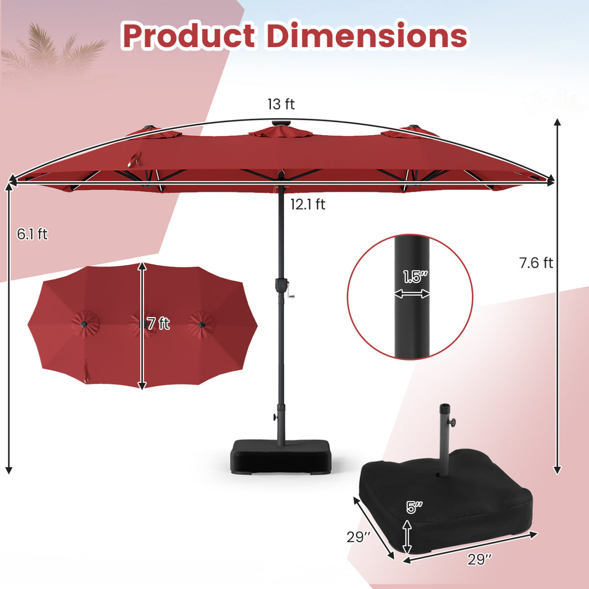 13 FT Double-Sided Patio Umbrella with 108 LED Lights and Base Included-Wine view 4