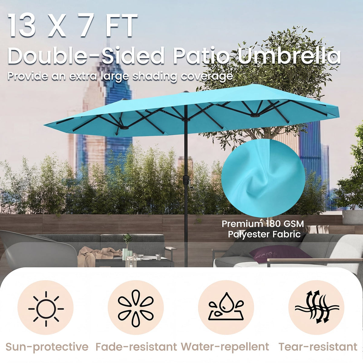 13 Feet Large Patio Umbrella Outdoor Double-Sided Table Market Umbrella with Crank Handle-Turquoise view 8