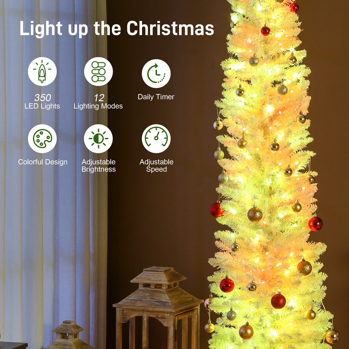 9ft Christmas Tree with Colourful DIY Synchronized LEDs, Hinged Pencil Xmas Tree with Remote, Daily Timer – view 11
