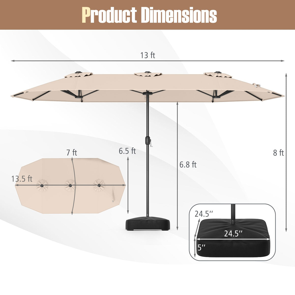 13 Feet Double-Sided Patio Twin Table Umbrella with Crank Handle-Beige view 5