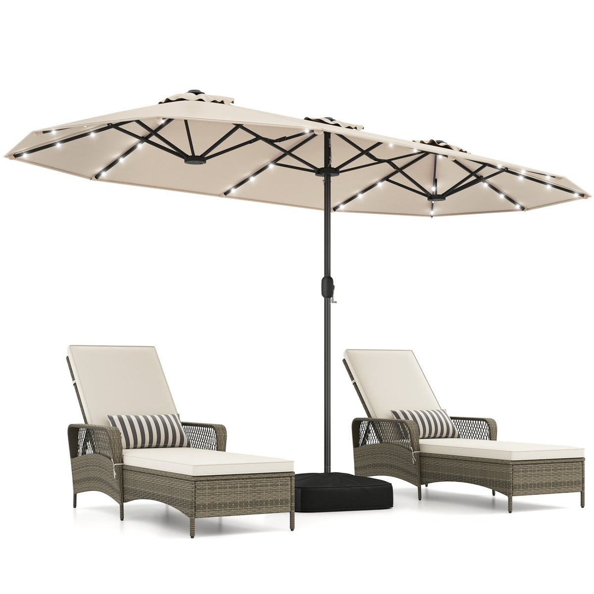 13FT Double-sided Patio Umbrella with Solar Lights for Garden Pool Backyard-Beige