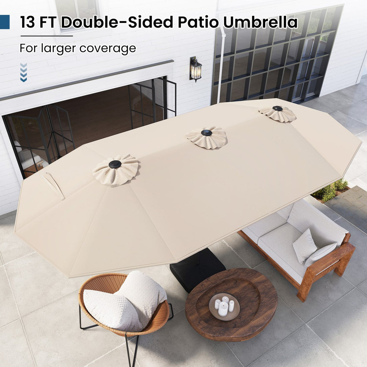 13FT Double-sided Patio Umbrella with Solar Lights for Garden Pool Backyard-Beige view 5