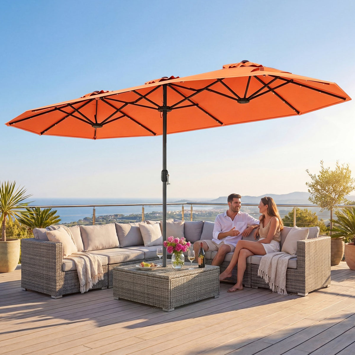 13FT Double-sided Patio Umbrella with Solar Lights for Garden Pool Backyard-Orange view 3