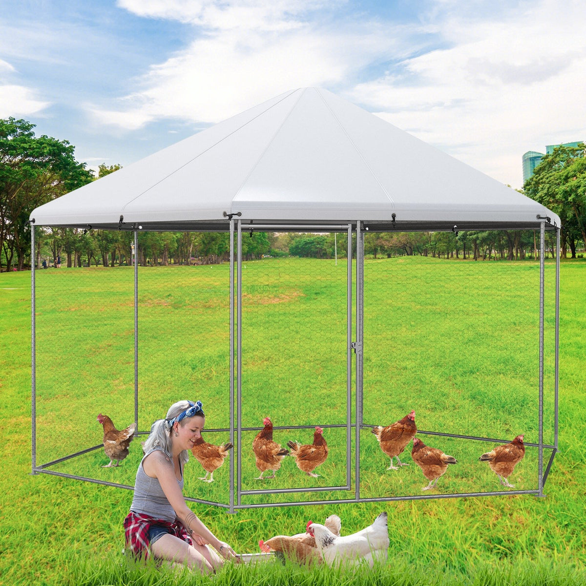 13FT Large Metal Hexagonal Chicken Coop with Wire Mesh and Lockable Door view 3