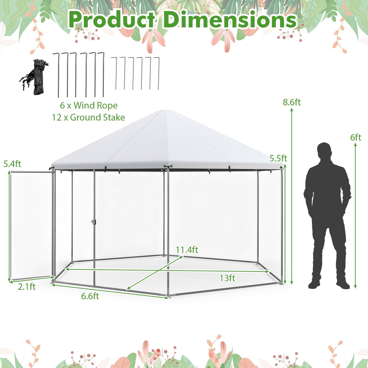 13FT Large Metal Hexagonal Chicken Coop with Wire Mesh and Lockable Door view 5