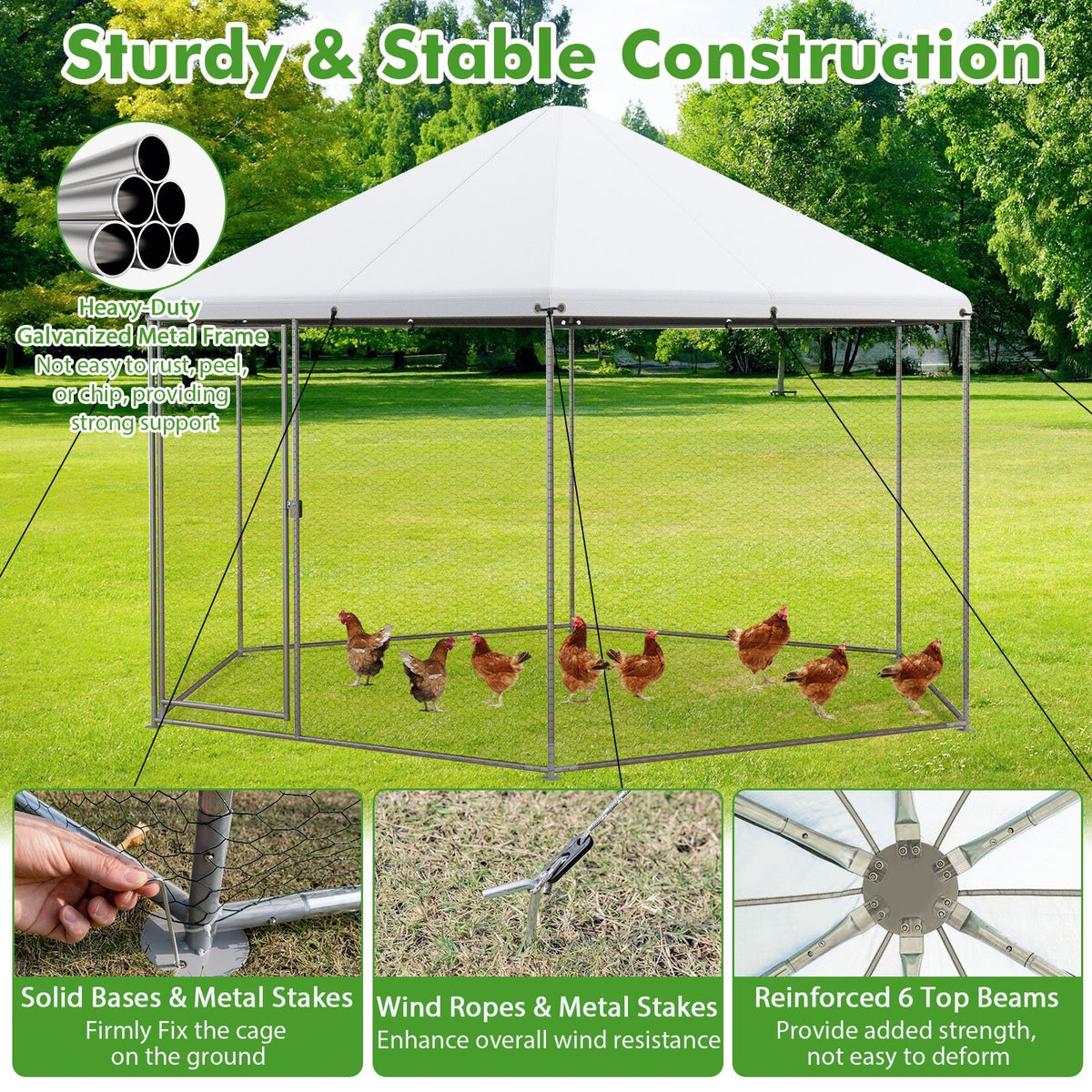 13FT Large Metal Hexagonal Chicken Coop with Wire Mesh and Lockable Door view 8