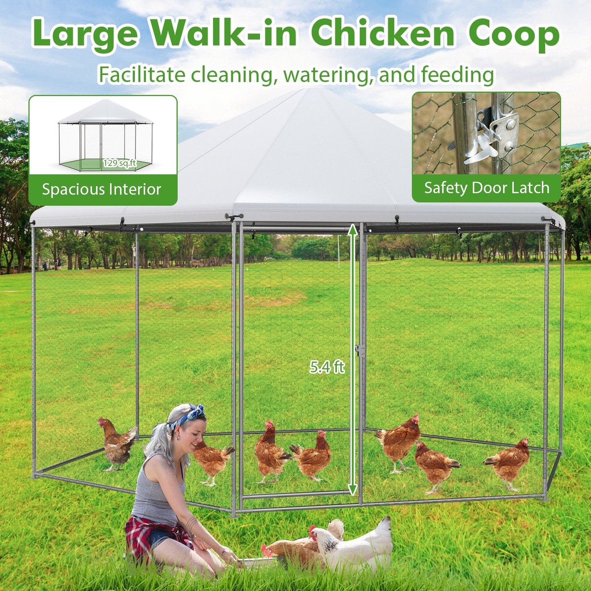 13FT Large Metal Hexagonal Chicken Coop with Wire Mesh and Lockable Door view 9