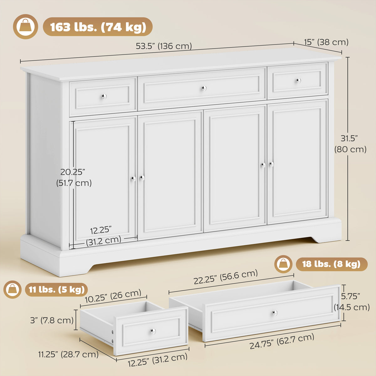 Sideboard Buffet Cabinet, 54" Kitchen Storage Cabinet with Soft-Close Doors, 3 Drawers and 2 Adjustable Shelves, White