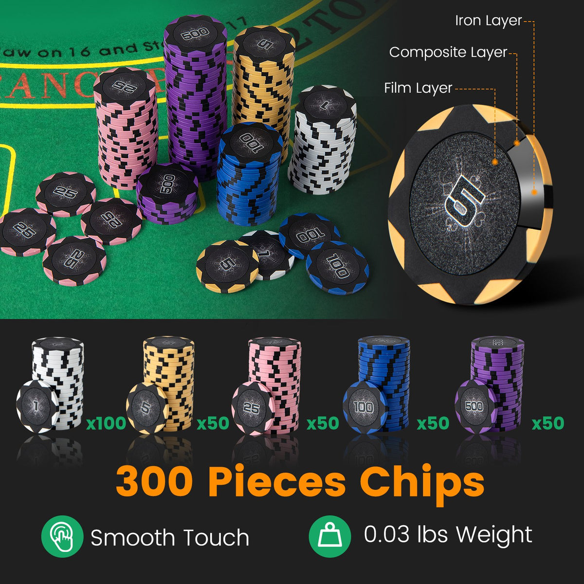 14 Gram Poker Chips 300 Pieces Casino Poker Chip Set-Black view 6