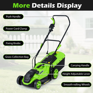 14-Inch 12-Amp Corded Electric Lawn Mower w/ 5-Position Height Adjustment-Green view 4