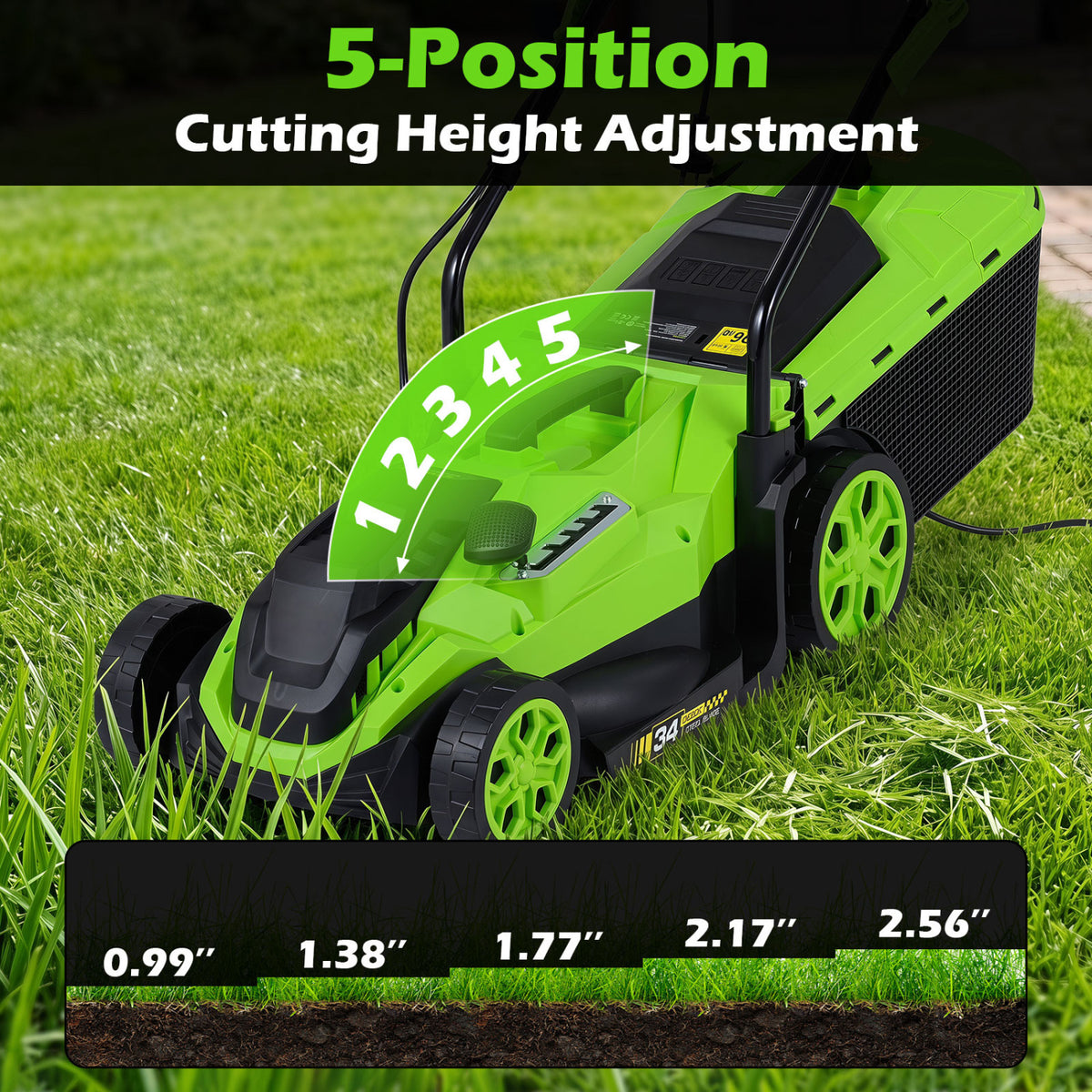 14-Inch 12-Amp Corded Electric Lawn Mower w/ 5-Position Height Adjustment-Green view 7