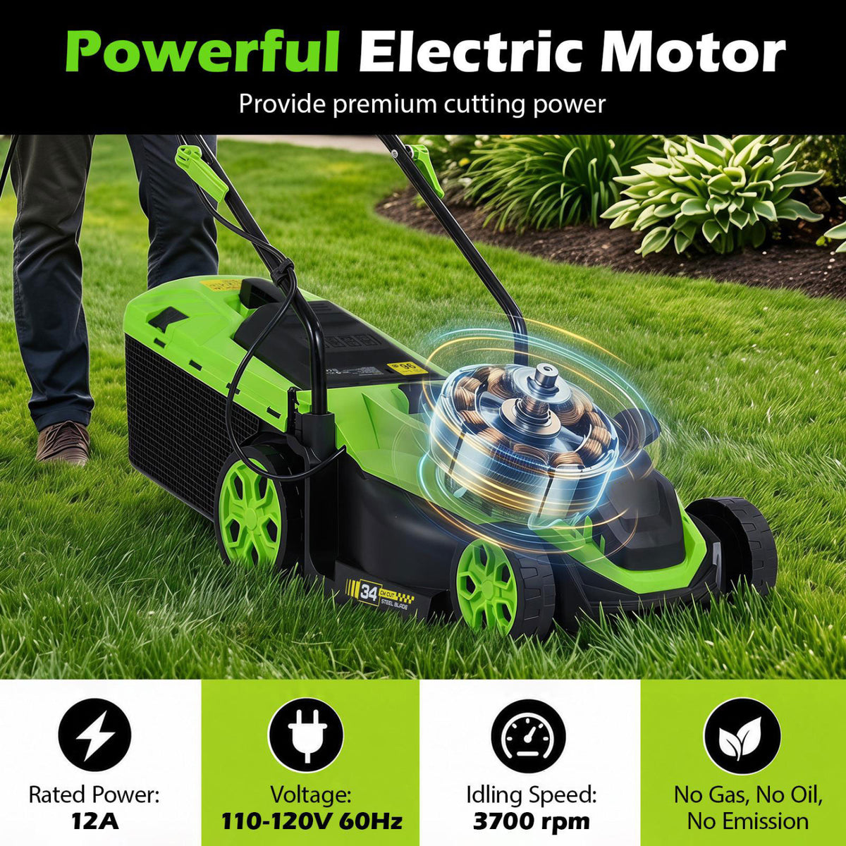 14-Inch 12-Amp Corded Electric Lawn Mower w/ 5-Position Height Adjustment-Green view 8