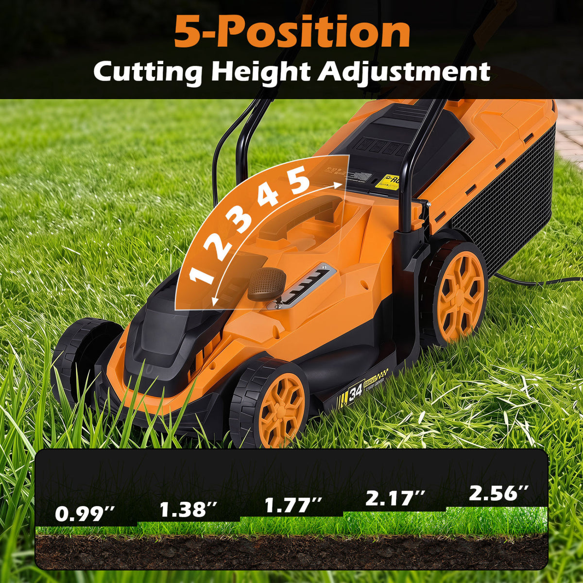 14-Inch 12-Amp Corded Electric Lawn Mower w/ 5-Position Height Adjustment-Orange view 7