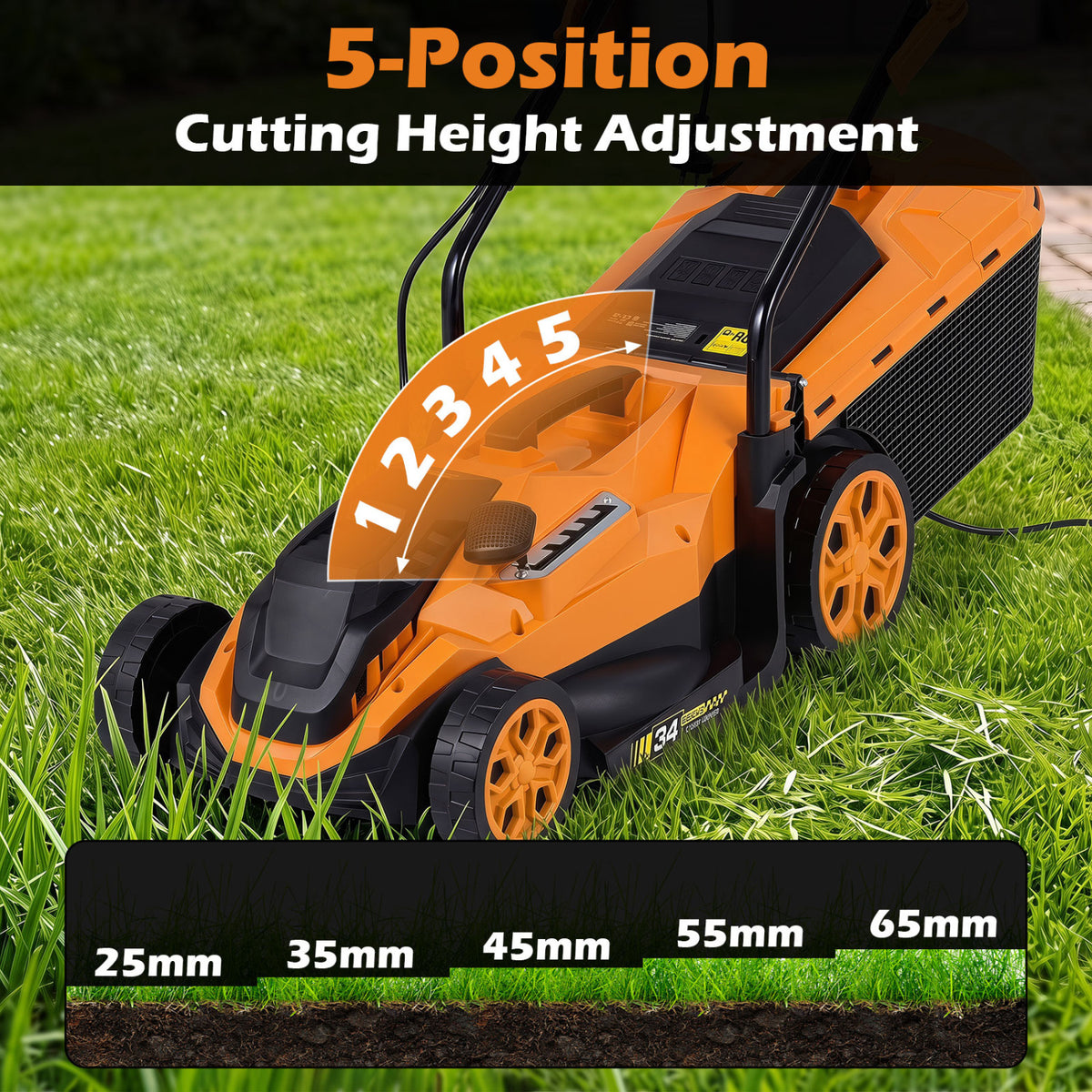 14-Inch 12-Amp Corded Electric Lawn Mower w/ 5-Position Height Adjustment-Orange view 8