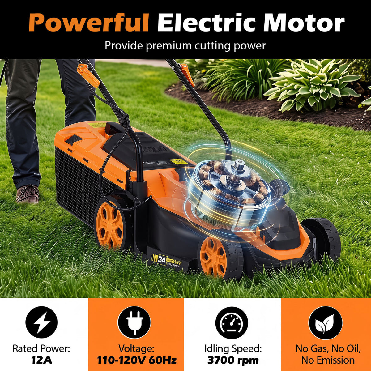 14-Inch 12-Amp Corded Electric Lawn Mower w/ 5-Position Height Adjustment-Orange view 9