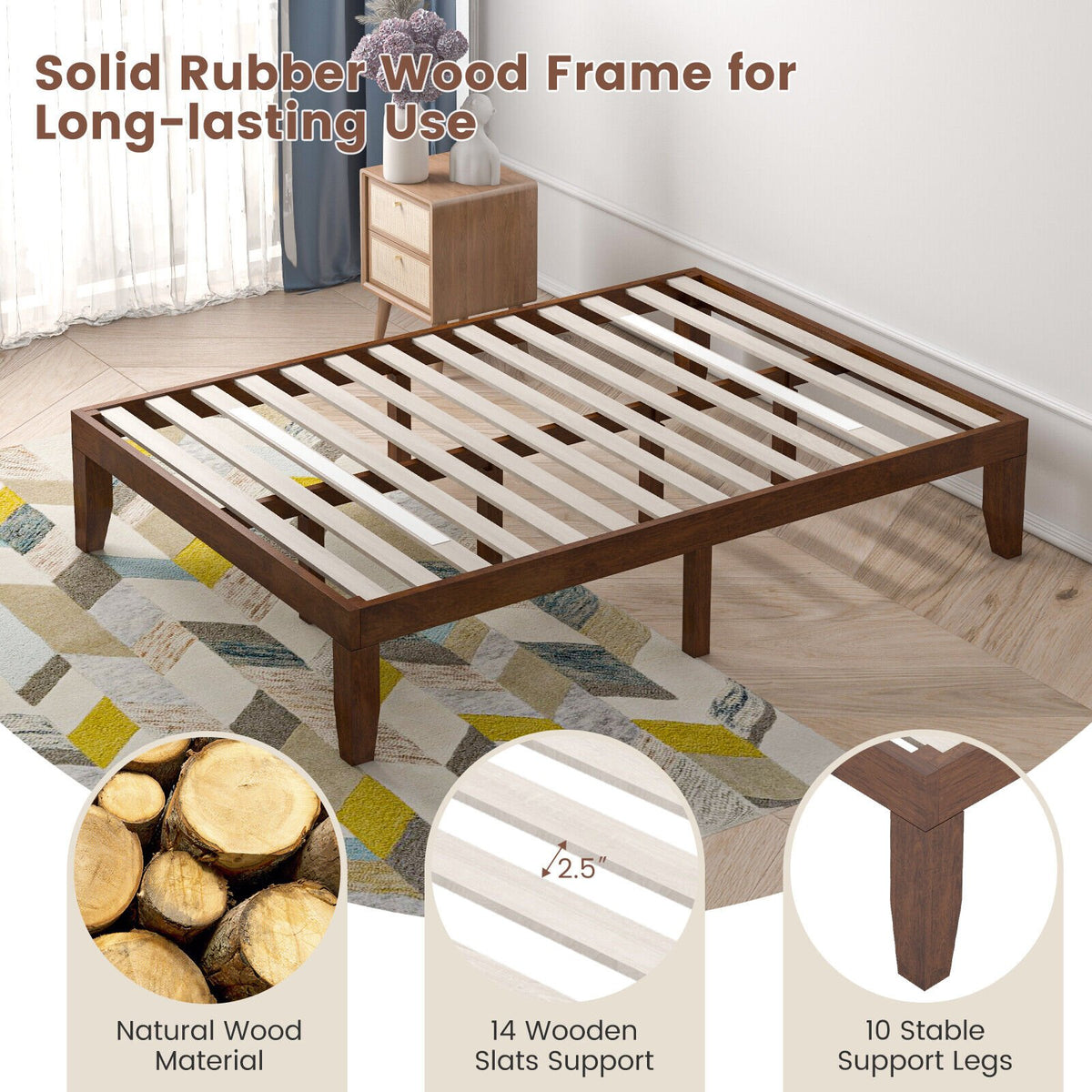 14 Inch Full Size Wood Platform Bed Frame with Wood Slat Support-Coffee view 9