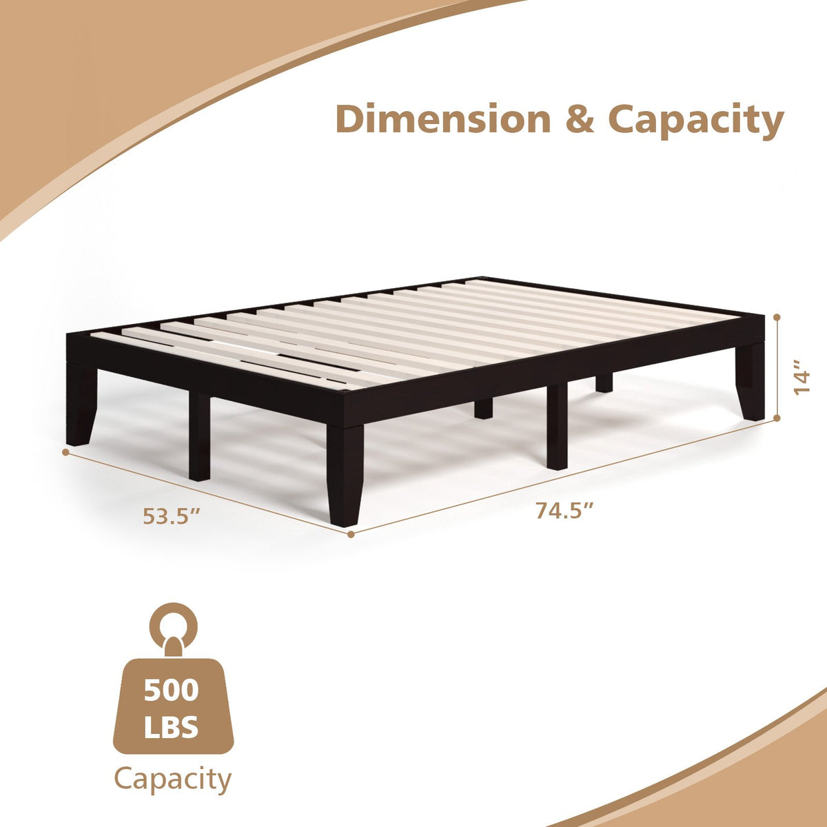 14 Inch Full Size Wood Platform Bed Frame with Wood Slat Support-Brown view 4