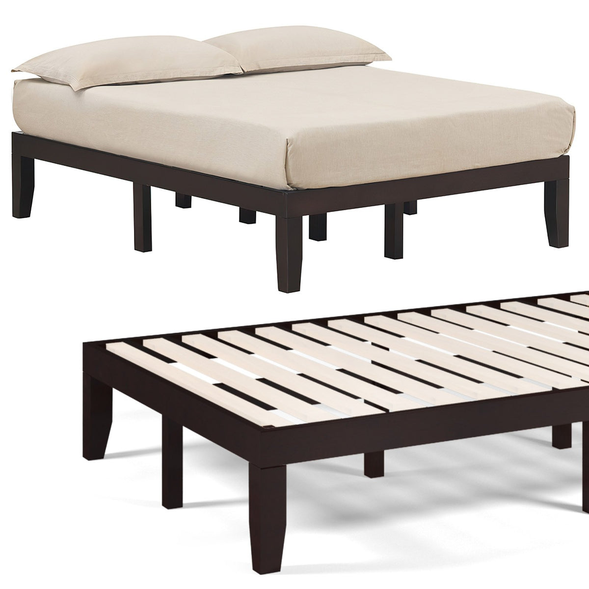 14 Inch Full Size Wood Platform Bed Frame with Wood Slat Support-Brown view 7