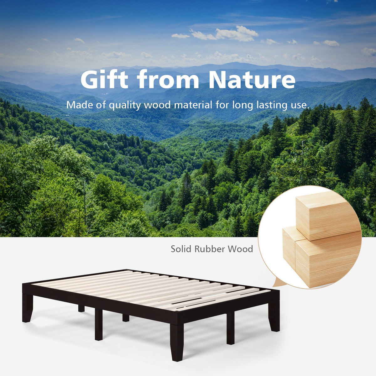 14 Inch Full Size Wood Platform Bed Frame with Wood Slat Support-Brown view 8