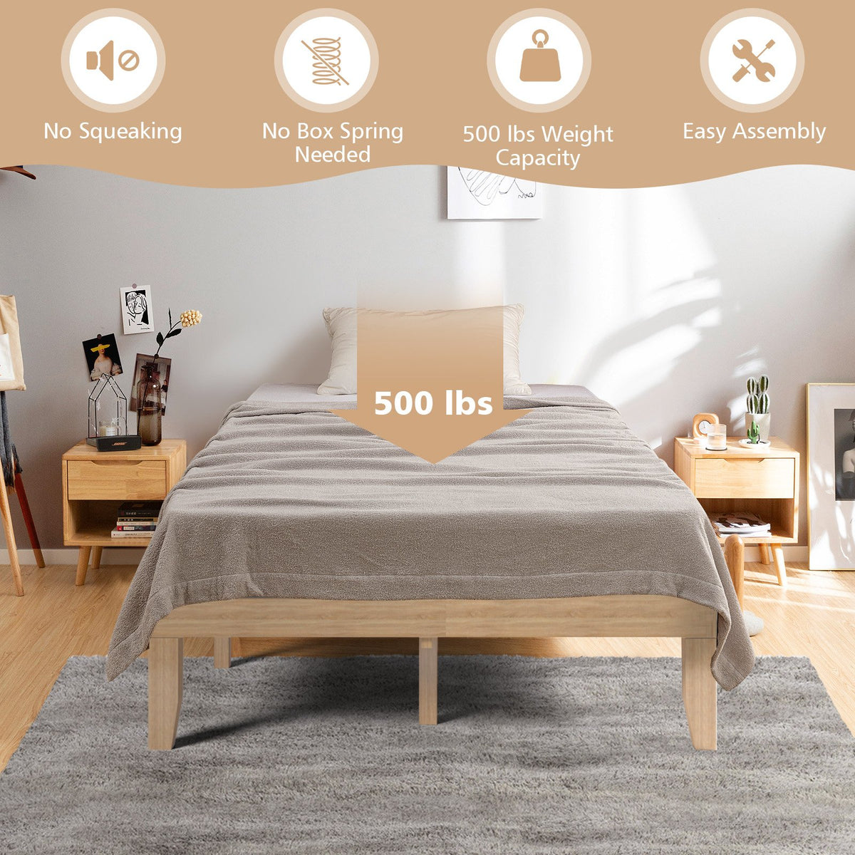14 Inch Full Size Wood Platform Bed Frame with Wood Slat Support-Natural view 3