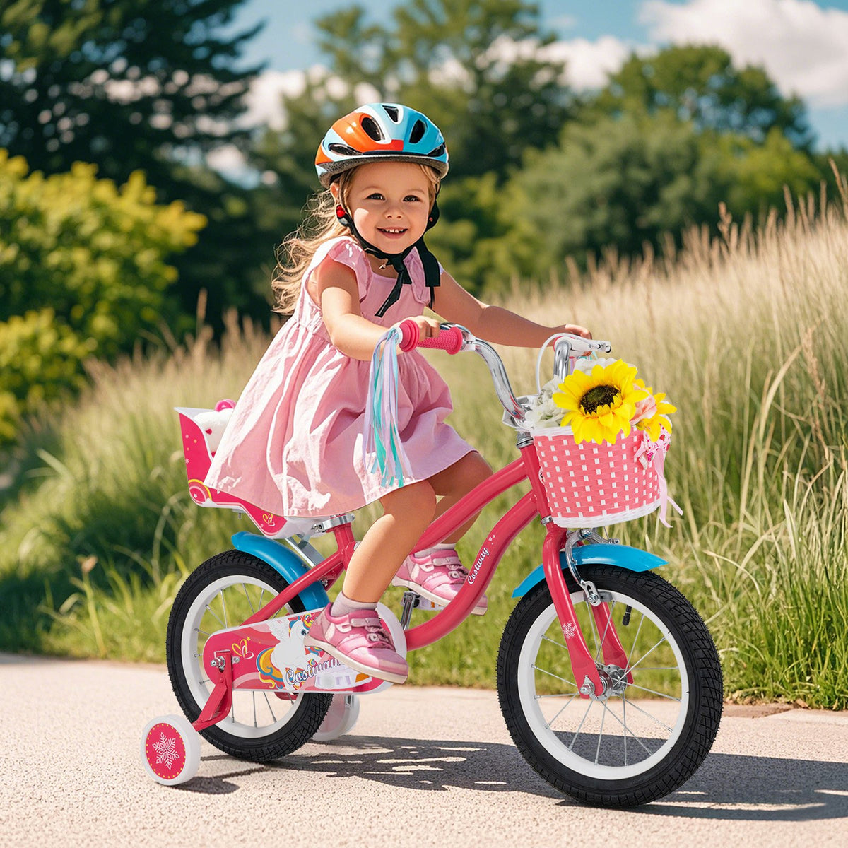 14 Inch Girls Bike for 3-5 Years Old Kids Bike with Doll Seat and Training Wheels view 2