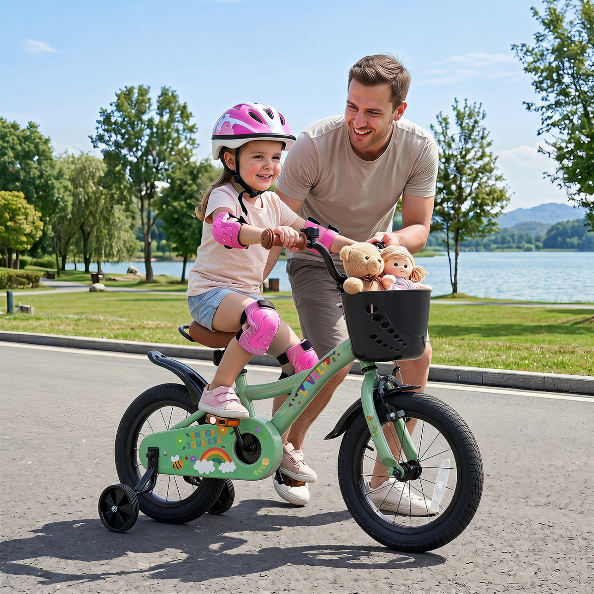 14 Inch Girls Bike for 3-5 Years Old with Basket - Spring Party, Green view 3