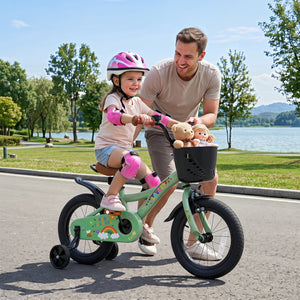 14 Inch Girls Bike for 3-5 Years Old with Basket - Spring Party, Green view 3
