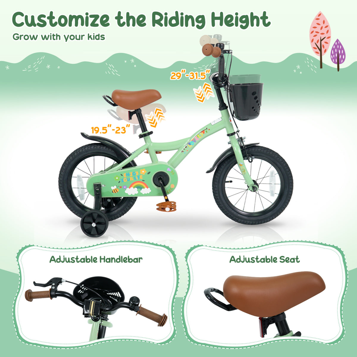 14 Inch Girls Bike for 3-5 Years Old with Basket - Spring Party, Green view 6