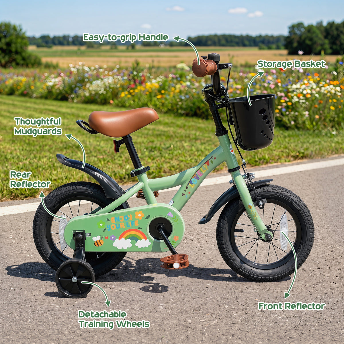 14 Inch Girls Bike for 3-5 Years Old with Basket - Spring Party, Green view 8