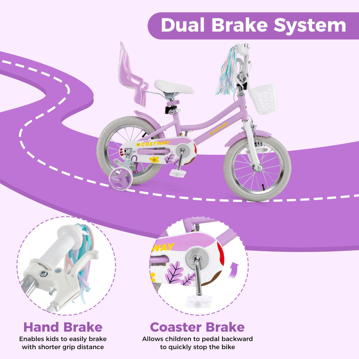 14 Inch Girls Bike Kids Bicycle with Doll Seat and Streamers for Children 3-5 Years Old view 8