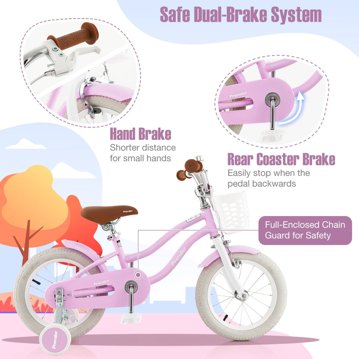 14 Inch Kid's Bike with Removable Training Wheels and Basket-Purple view 4