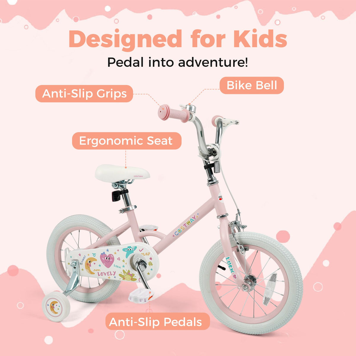 14 Inch Kids Bike Adjustable for 3-8 Years Old Children Pink - Stars & Moon view 5