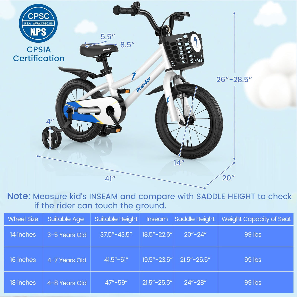 14 Inch Kids Bike Adjustable with 2 Training Wheels for 3-5 Years Old-White view 4