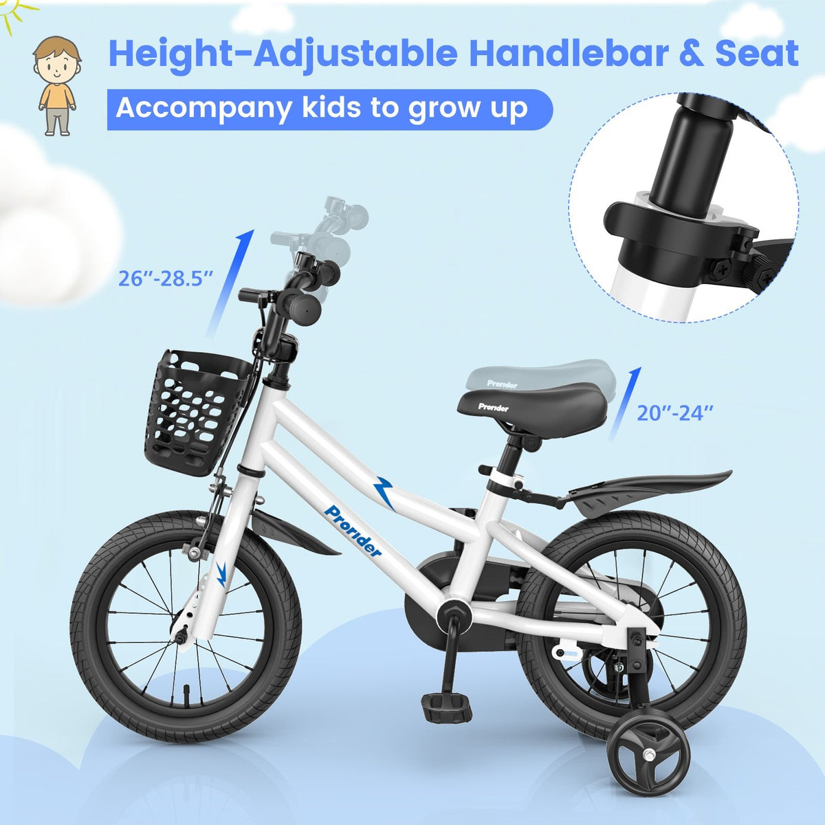 14 Inch Kids Bike Adjustable with 2 Training Wheels for 3-5 Years Old-White view 6