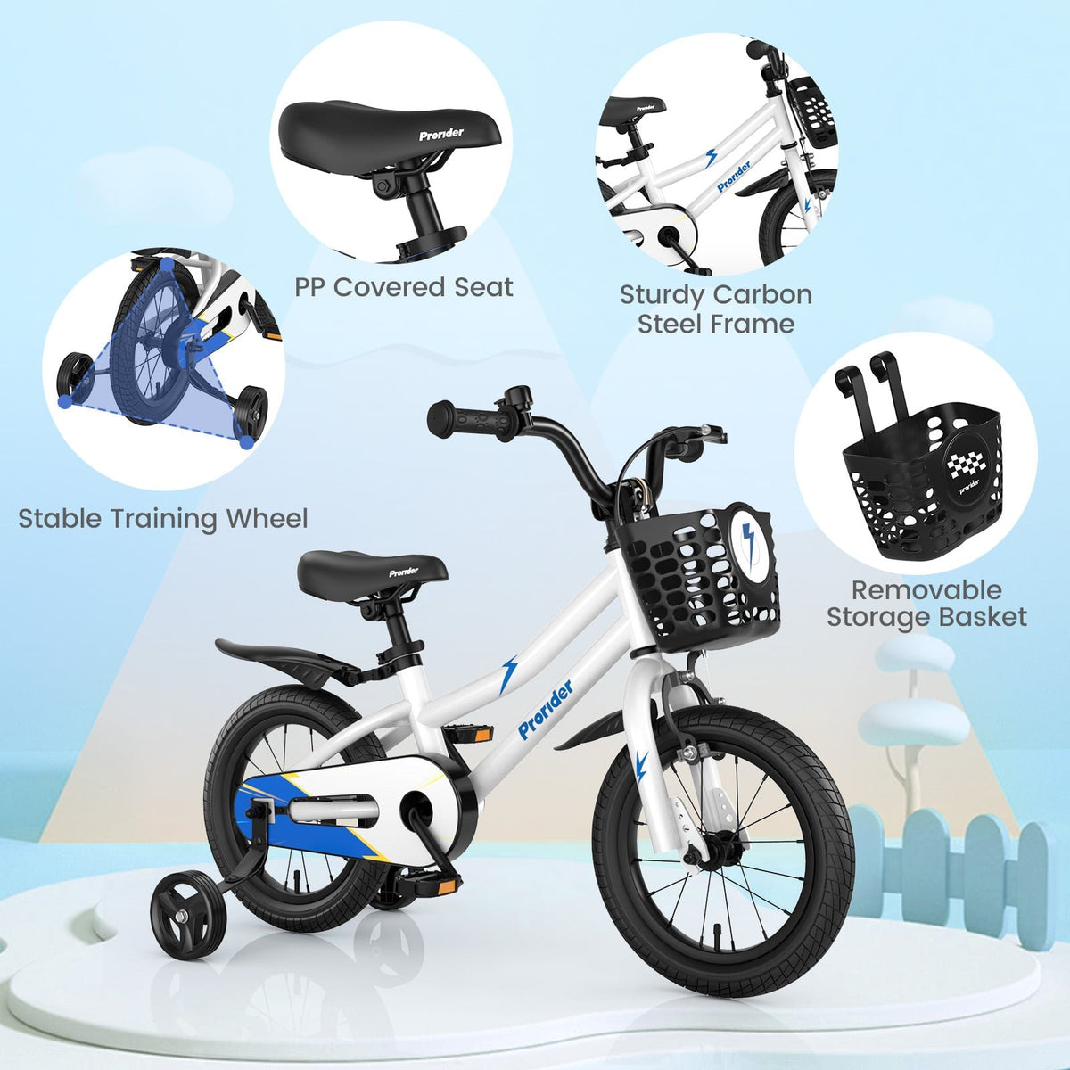 14 Inch Kids Bike Adjustable with 2 Training Wheels for 3-5 Years Old-White view 8