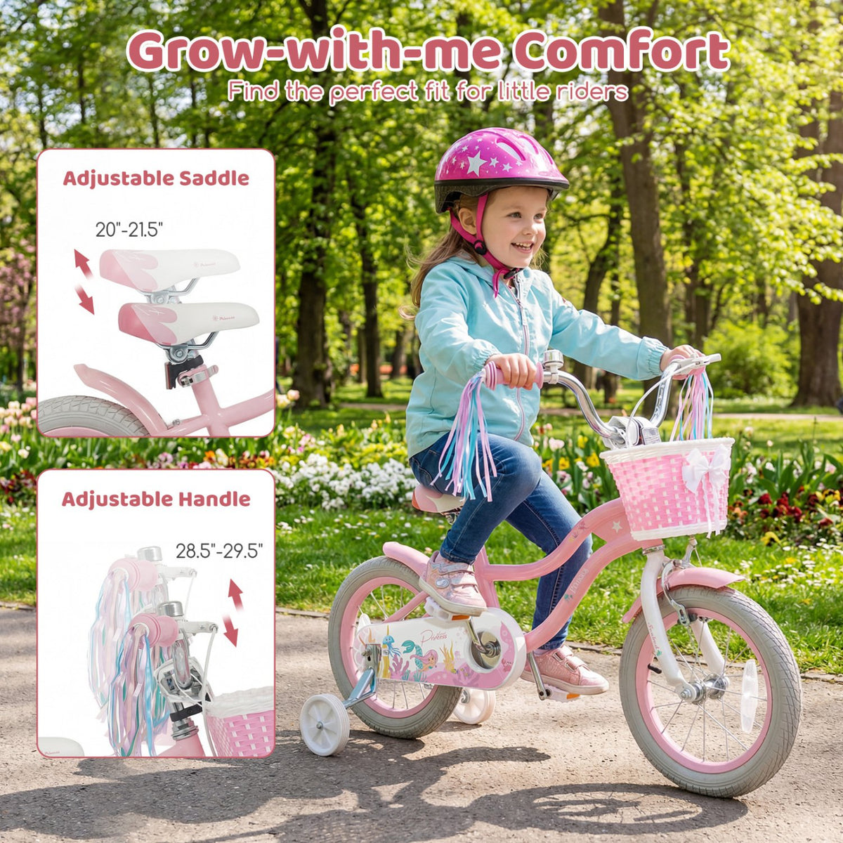 14 Inch Kids Bike Adjustable with Basket and Streamers for Girls Aged 3-5 Years Old Pink view 5