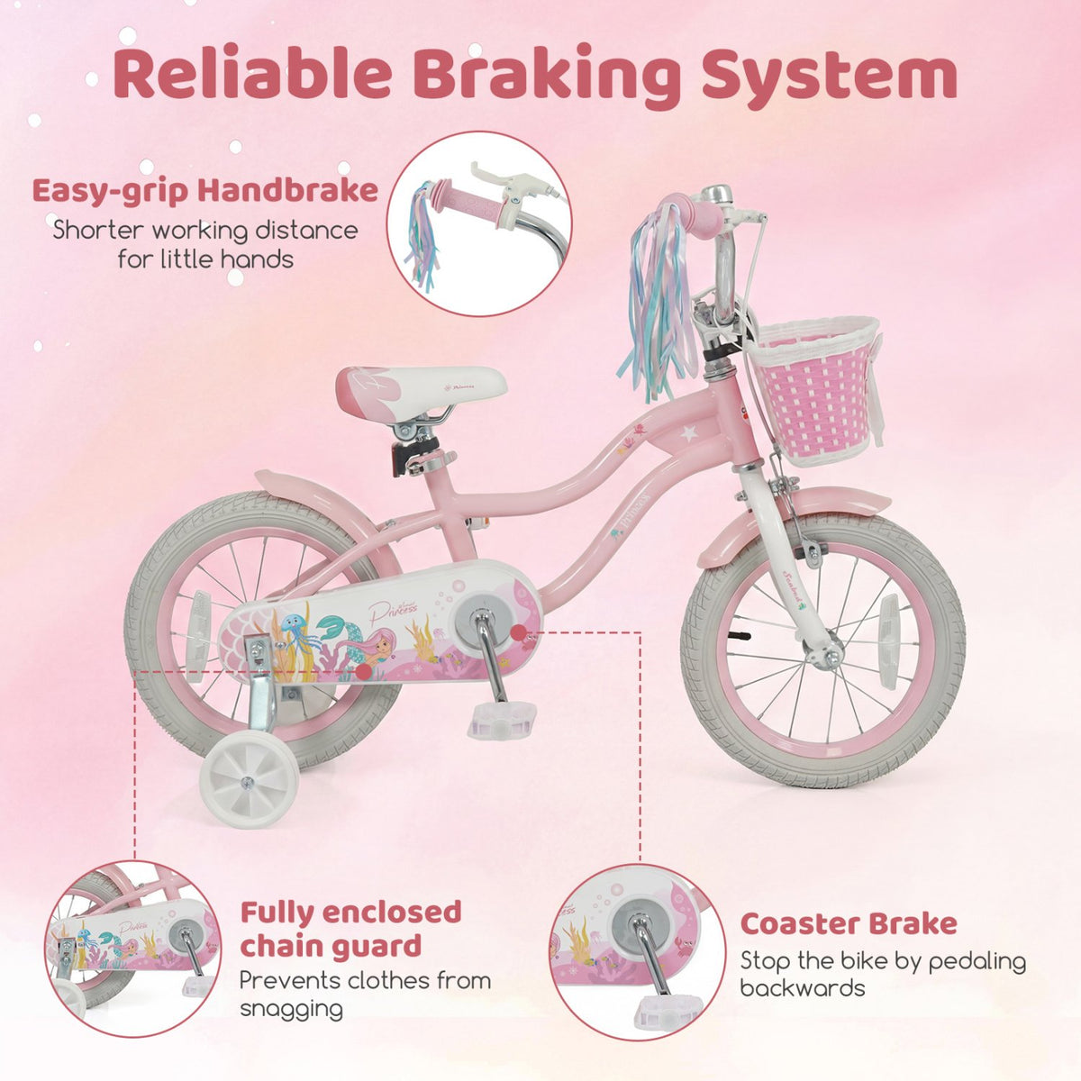 14 Inch Kids Bike Adjustable with Basket and Streamers for Girls Aged 3-5 Years Old Pink view 6