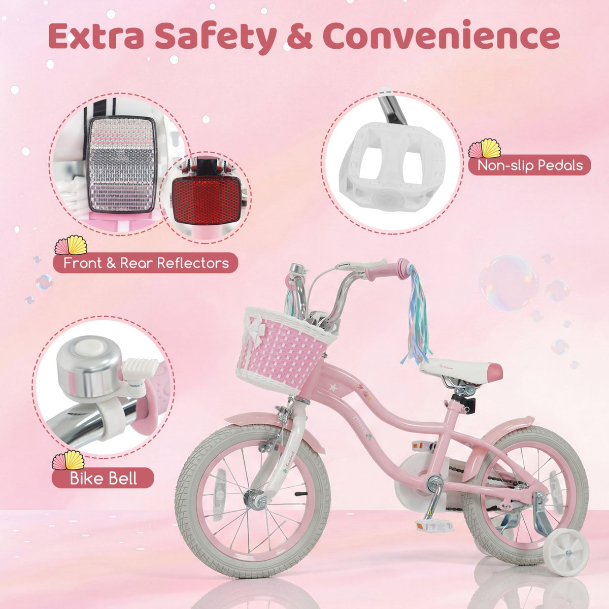14 Inch Kids Bike Adjustable with Basket and Streamers for Girls Aged 3-5 Years Old Pink view 9