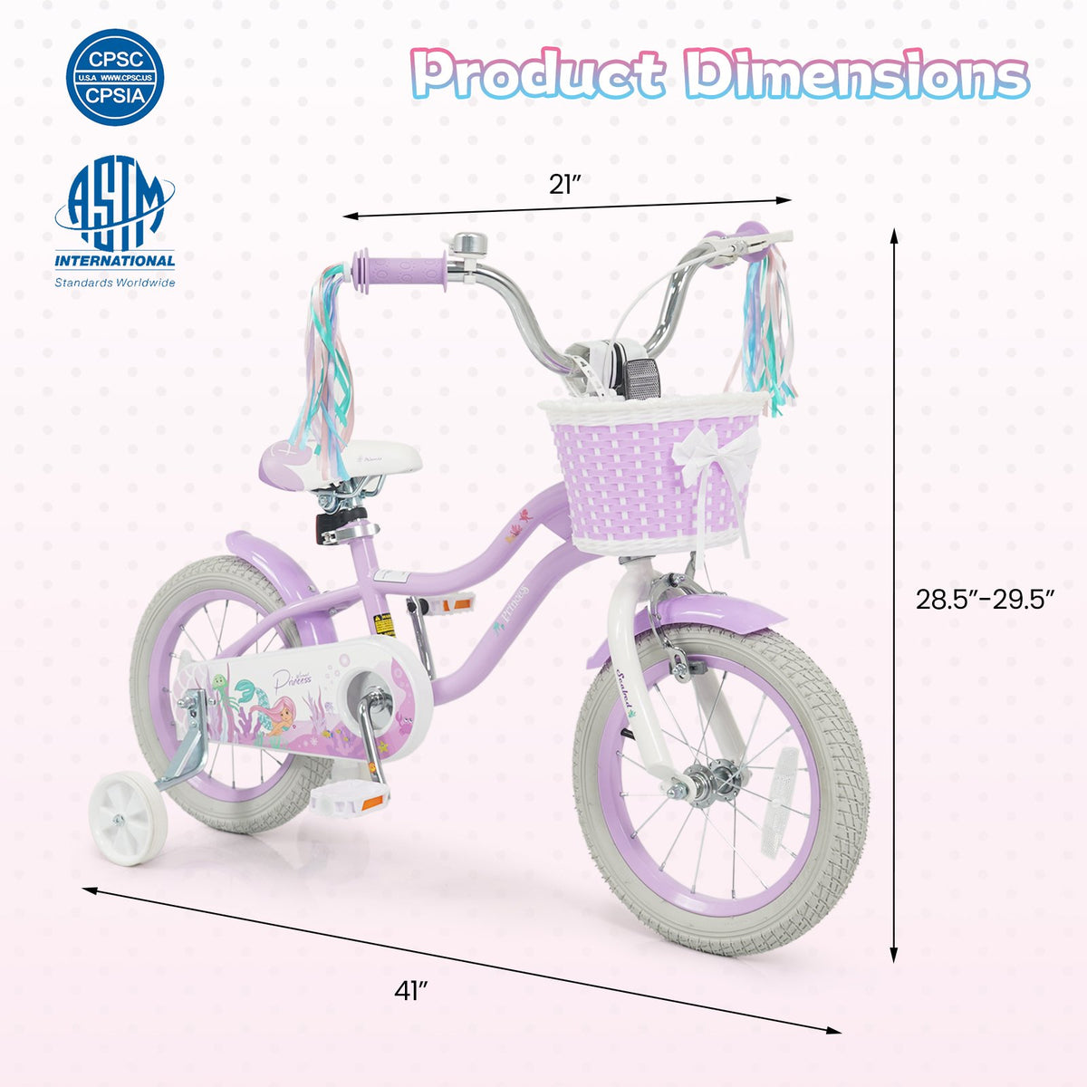 14 Inch Kids Bike Adjustable with Basket and Streamers Purple - Princess of the Sea Theme view 3