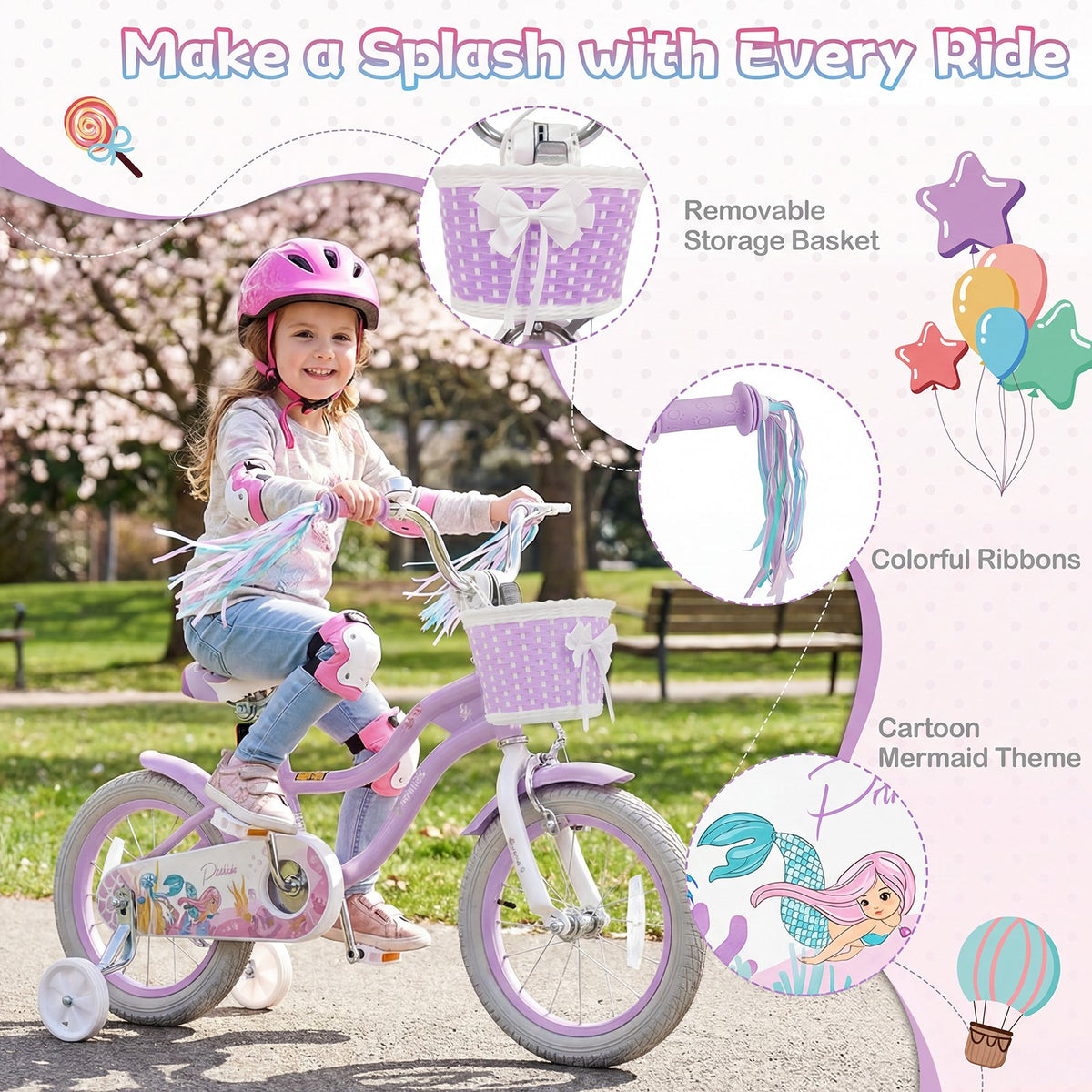 14 Inch Kids Bike Adjustable with Basket and Streamers Purple - Princess of the Sea Theme view 5