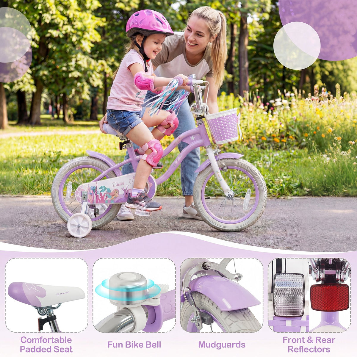 14 Inch Kids Bike Adjustable with Basket and Streamers Purple - Princess of the Sea Theme view 9