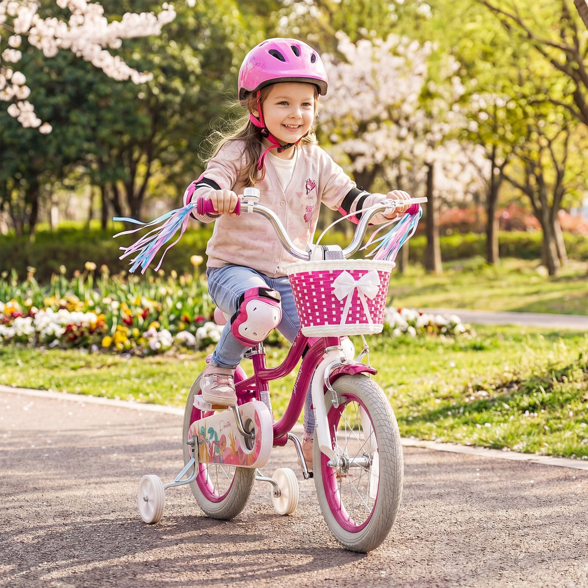 14-Inch Kids Bike Adjustable with Basket and Streamers Rose Red - Princess of the Sea Theme view 3