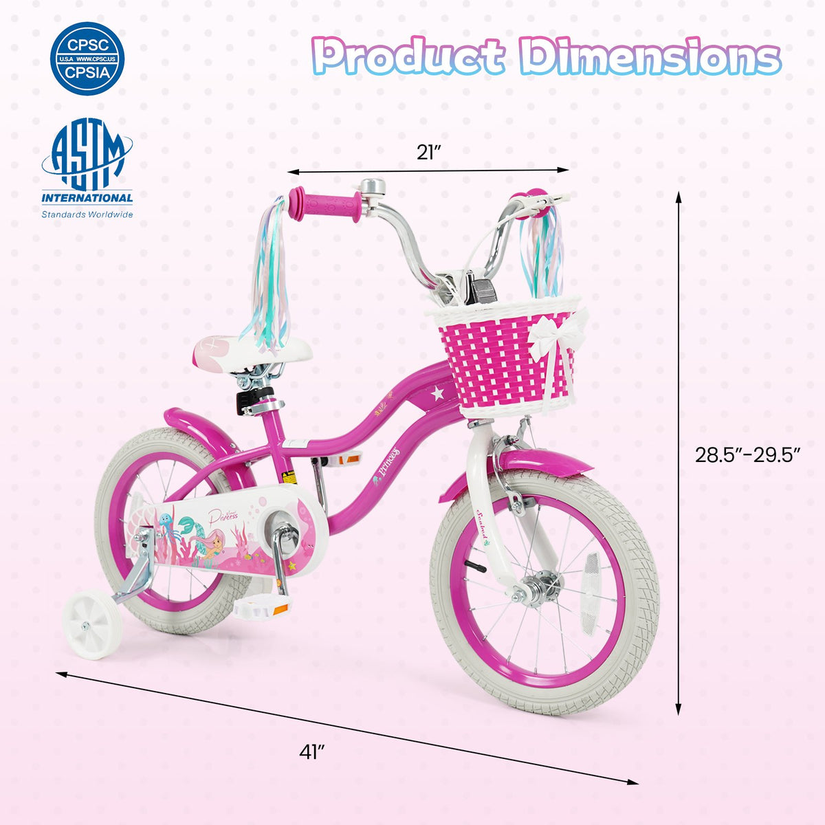 14-Inch Kids Bike Adjustable with Basket and Streamers Rose Red - Princess of the Sea Theme view 4