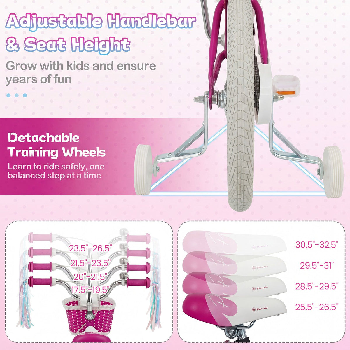 14-Inch Kids Bike Adjustable with Basket and Streamers Rose Red - Princess of the Sea Theme view 6